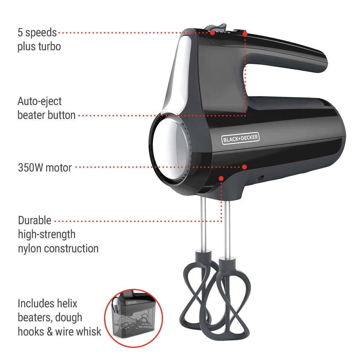 Black & Decker Helix Hand Mixer, Premium Performance 5 Speed Hand Mixer, Includes 5 Attachments and Case, Black