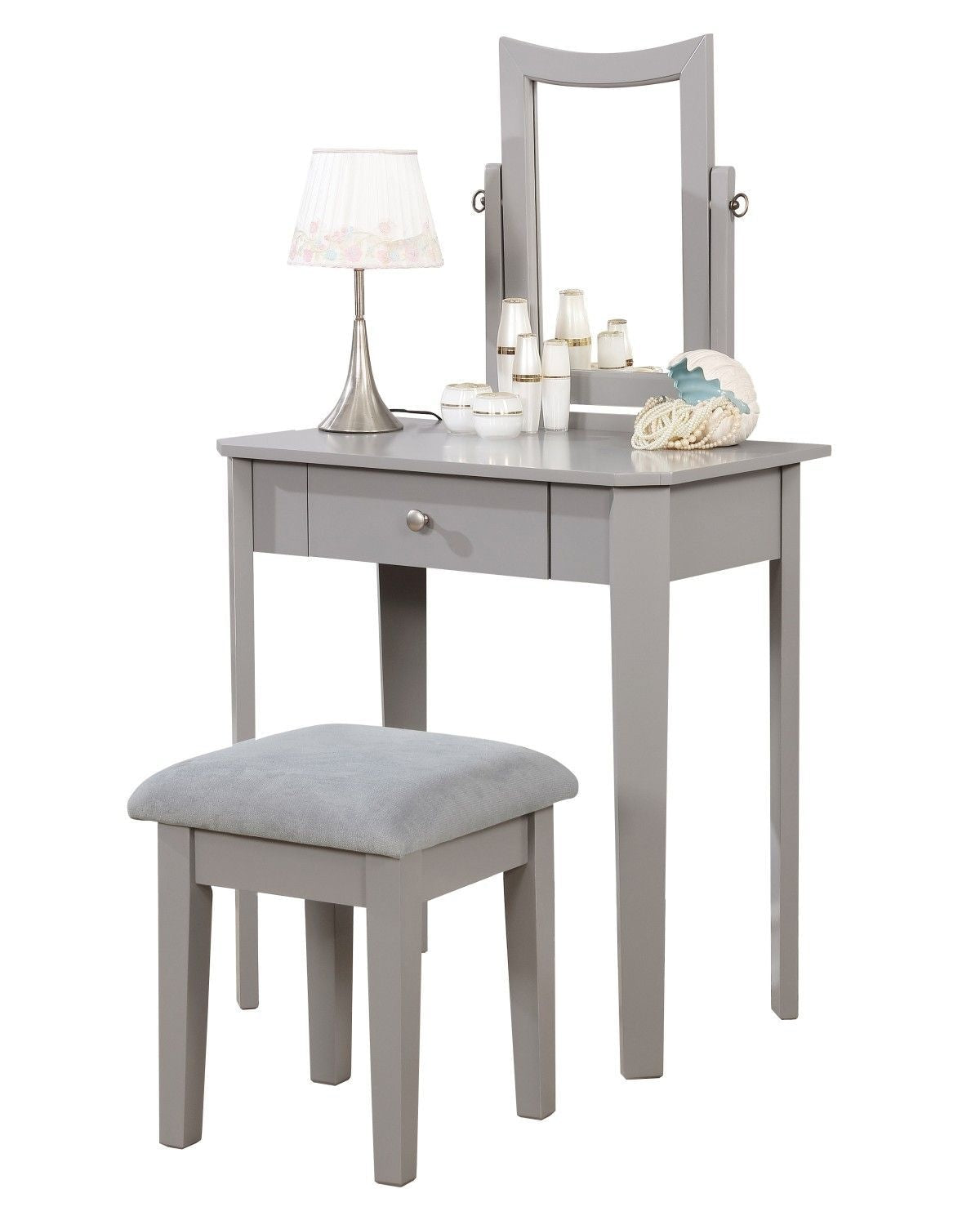 Brassex Cece 1-Drawer Grey Dressing Table Makeup Vanity Set with Stool and Mirror