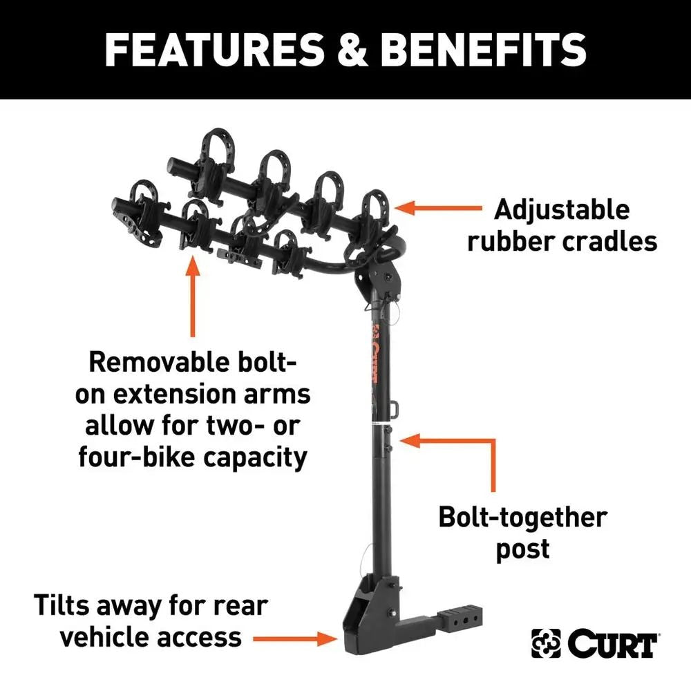 CURT 18030 2-Bike To 4-Bike Two Arm Hitch Mount Bike Rack, Fits 1-1/4, 2-in Receiver, Black