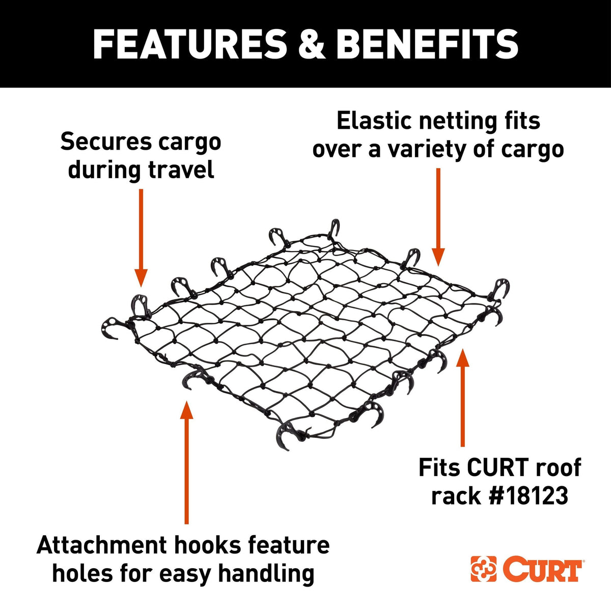 CURT 18218 Elastic Cargo Net with Hooks for Roof Basket, 44 x 36-in