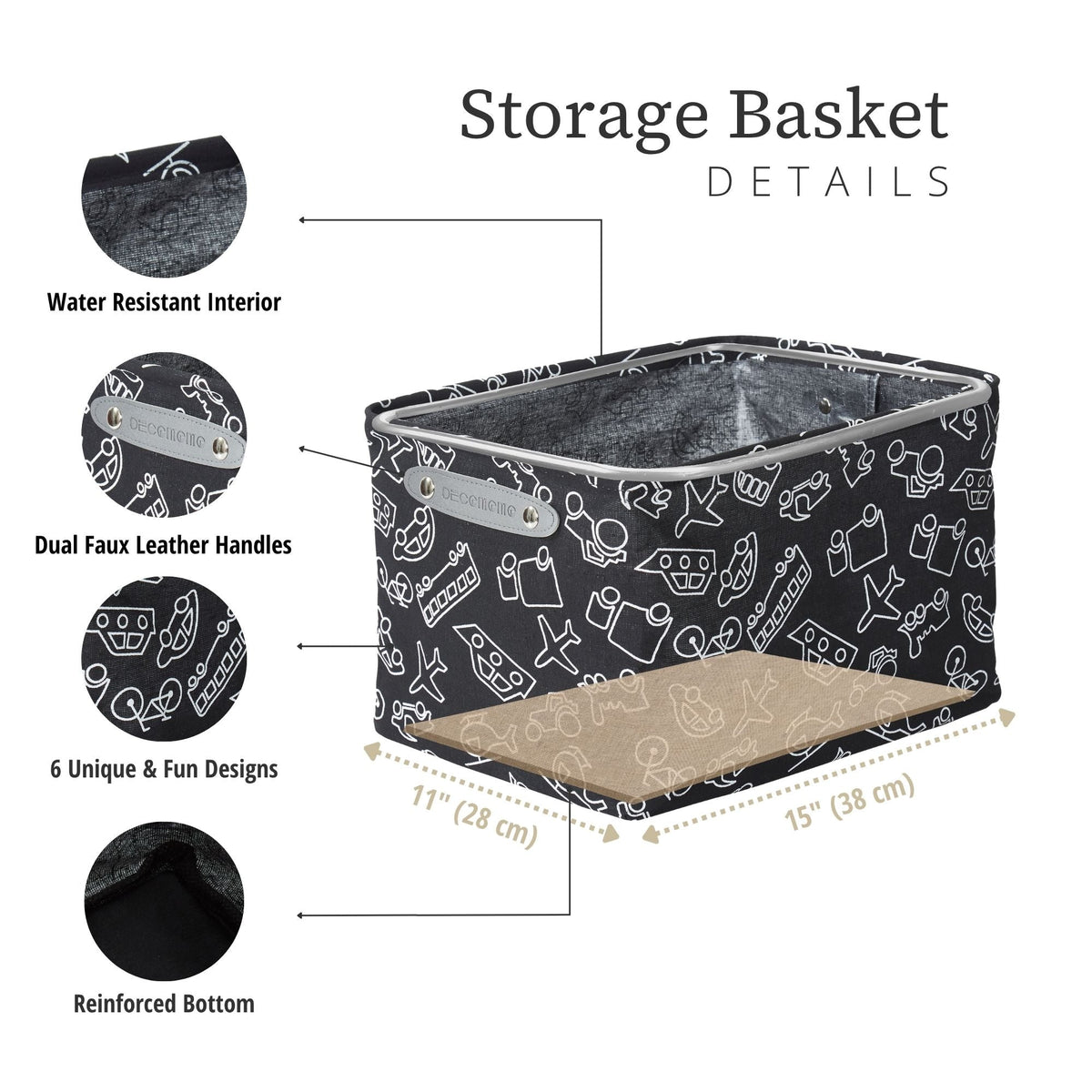 Decomomo Large Water Resistant Storage Bin, 15-in x 11-in x 9.5-in, 6-pk, White Pattern