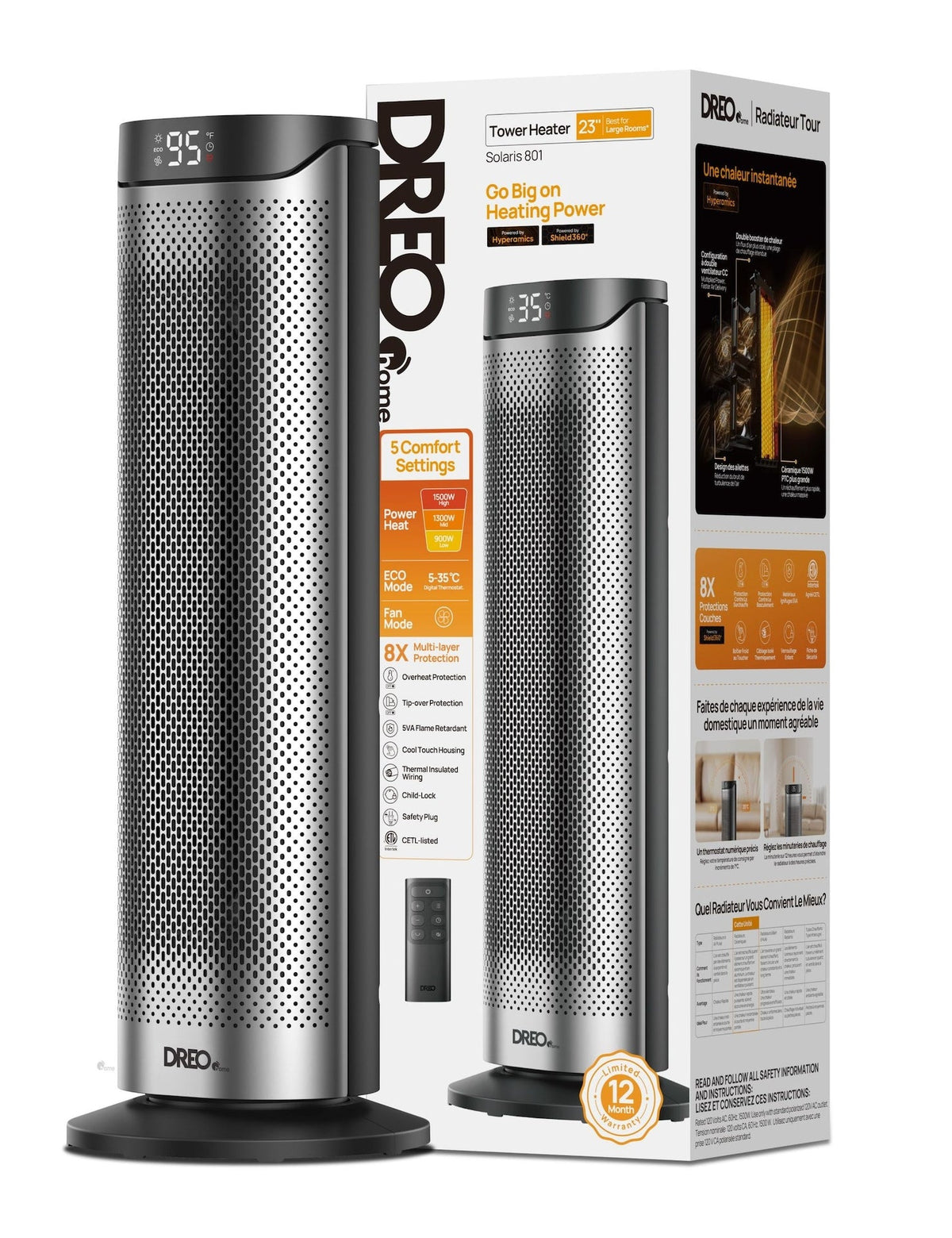 DREO Home 1500W PTC Convection Oscillating Ceramic Electric Tower Heater, 23-in