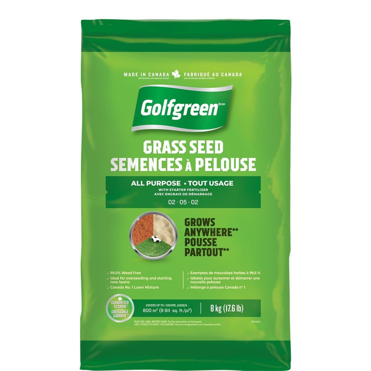 Golfgreen All Purpose Grass Seed with Starter Fertilizer, Weed-Free, 2-5-2, 8kg