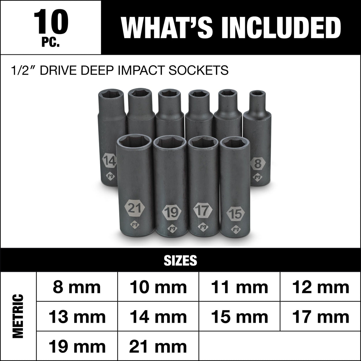 MAXIMUM 1/2-in Drive Deep Impact Socket Set, Metric, 10-pc