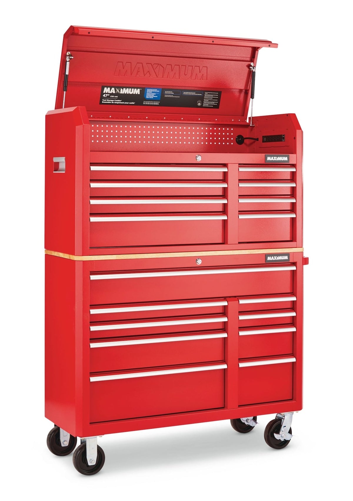MAXIMUM Tool Storage Cabinet, Built-In Power Bar with USB, 9-Drawer, 47-in, Red