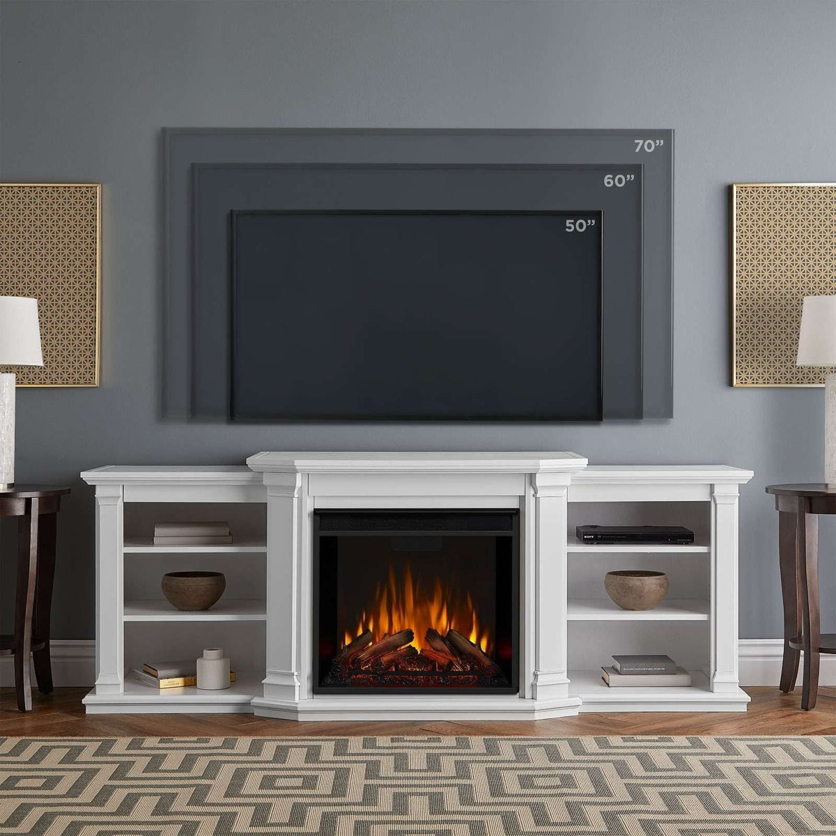 Real Flame Valmont Media Indoor Electric Fireplace TV Stand, 74-in, 1500W, Includes Remote Control & Firebox, White
