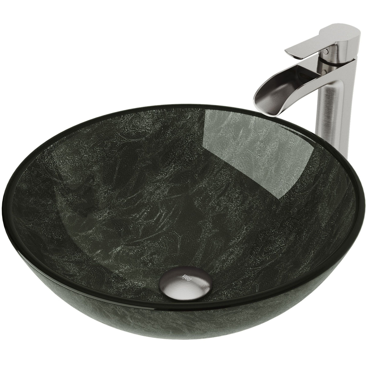 VIGO Glass Grey Onyx Bathroom Sink/Basin Set with Niko Faucet and Round Vessel
