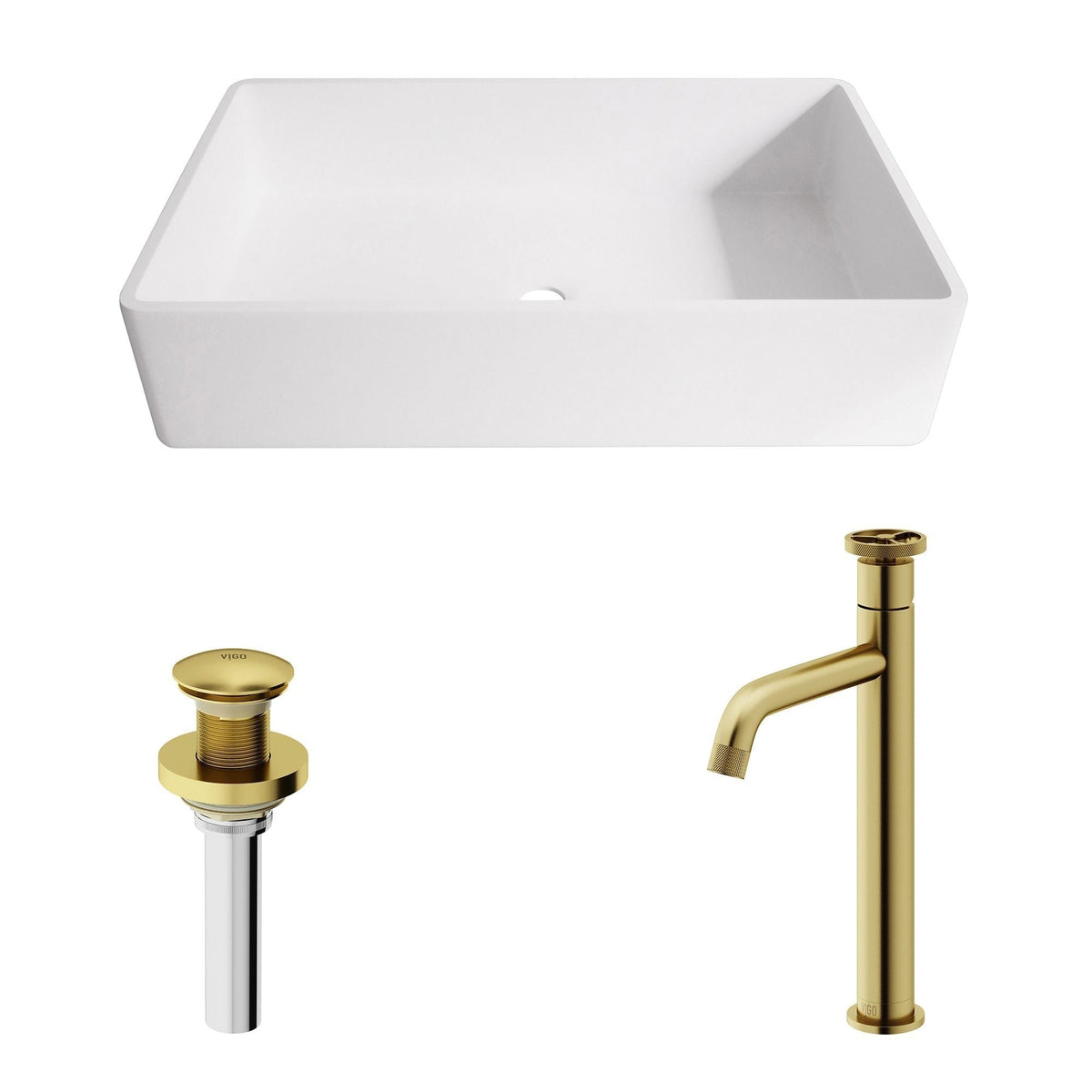 VIGO Magnolia MatteStone White Bathroom Sink/Basin Set with Cass Faucet and Rectangular Composite Vessel