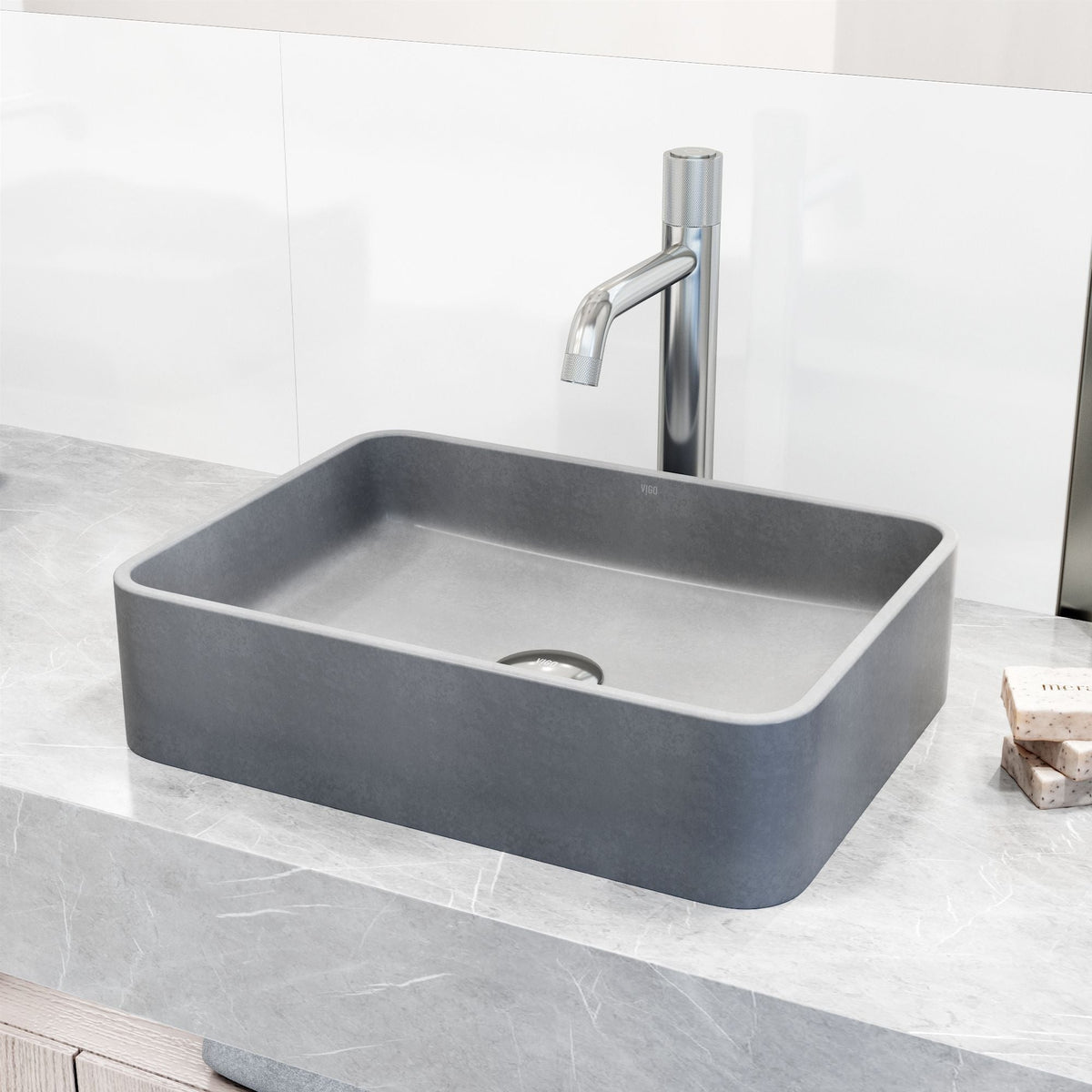 VIGO Segovia Gothic ConcretoStone Grey Bathroom Sink/Basin Set with Apollo Faucet and Rectangular Vessel