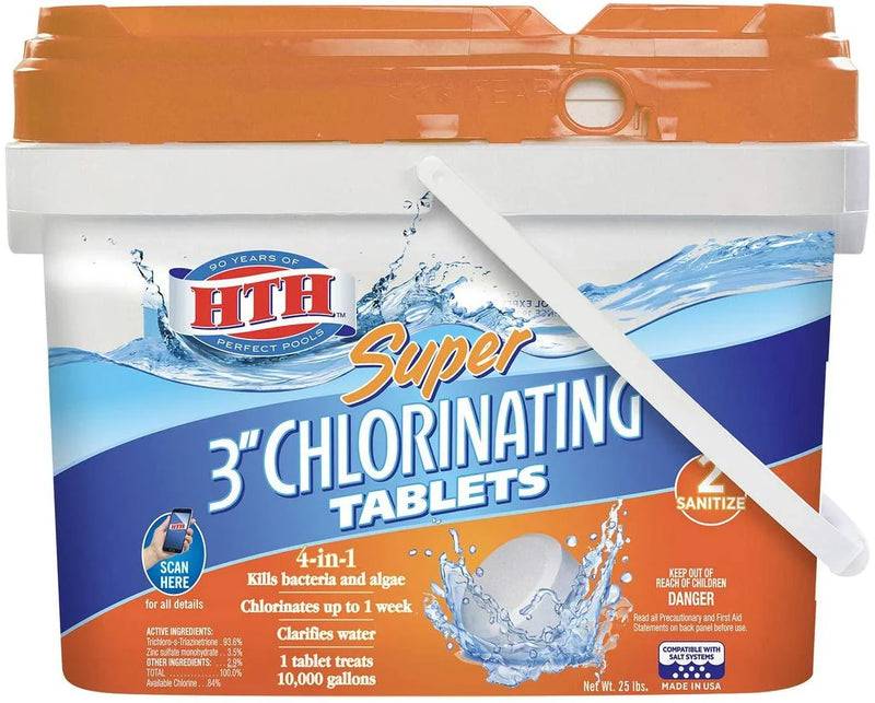 HTH 42034 Super 3-inch Chlorinating Tablets for Swimming Pools, 25 lbs E2