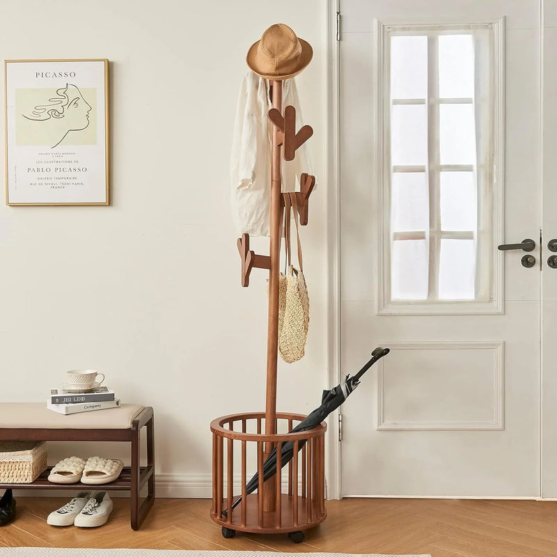 Wood Coat Rack Freestanding - Wooden Coat Tree Hat Rack with 12 Hooks, Clothes Coats Hanger Stand Rolling Racks with Umbrella Holder Wheels for Bedroom Entryway Hallway Livingroom (Walnut) A9