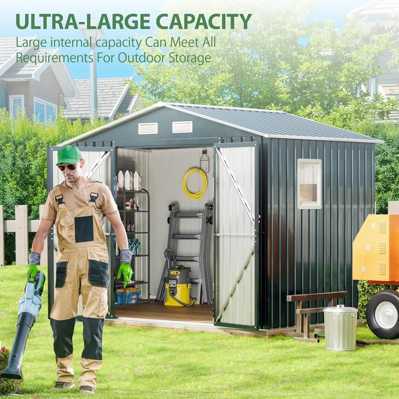 8x6FT Outdoor Steel Storage Shed with Clear Window, Lockable Doors, Weather-Resistant Metal Tool Shed for Garden, Backyard, Patio, and Utility Storage M2