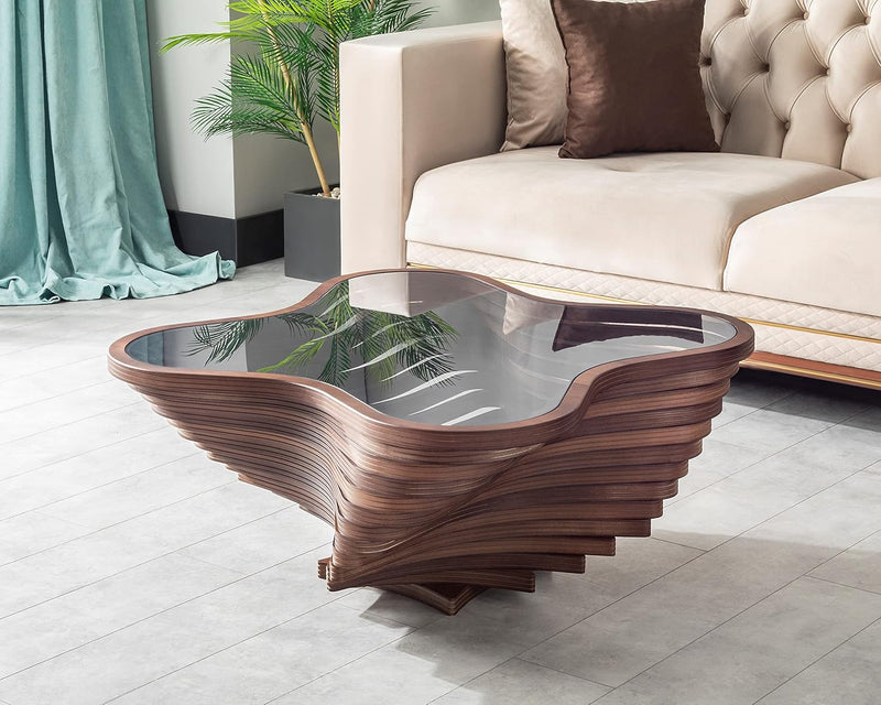 Design a modern coffee table - natural walnut veneer, tempered glass tabletop, layered wave shape, rustic wood, modern living room table, luxurious home and office decoration, central table in the living room. K6