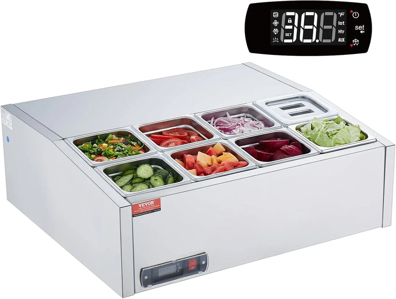 Refrigerated Condiment Prep Station, 135 W Countertop Refrigerated Condiment Station, with 2 1/3 Pans & 4 1/6 Pans, 304 Stainless Body and PC Lid, Sandwich Prep Table with Stainless Guard, ETL C0