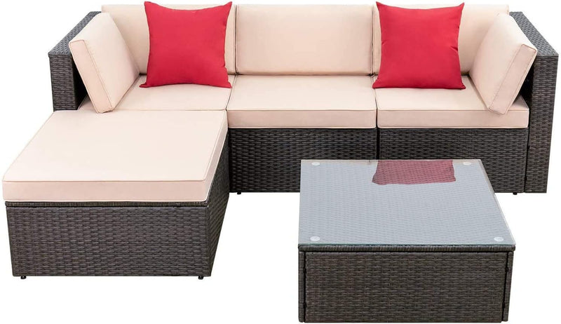 Devoko 5 Pieces Patio Furniture Sets All Weather Outdoor Sectional Patio Sofa Manual Weaving Wicker Rattan Patio Seating Sofas with Cushion and Glass Table(Beige) R4