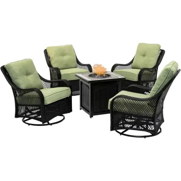 5-Piece Steel Patio Fire Pit Conversation Set with Navy Blue Cushions, Swivel Gliders and Square Fire Pit Table Z0