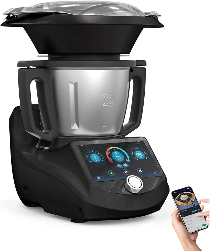 Smart Food Processor UltraCook All-in-One Auto Cooking Machine,3.5L Capacity,600 Online Recipes, Built-in Scale, 7 inch TFT Screen, Self-Cleaning, Multifunctional Kitchen Appliance (CR-7-Black) Q2