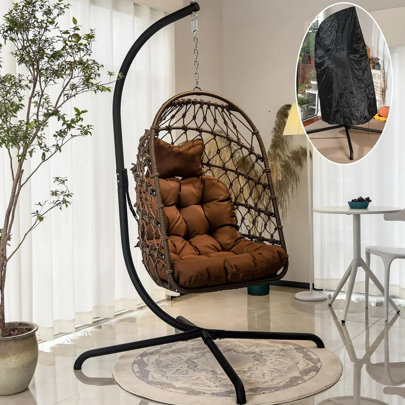 Indoor and outdoor egg-shaped rocking chairs with frames and covers, garden rattan hanging chairs, capacity 450 pounds, with UV-protective cushions, suitable for bedrooms, outdoor balconies, courtyards or living rooms (dark gray) U4