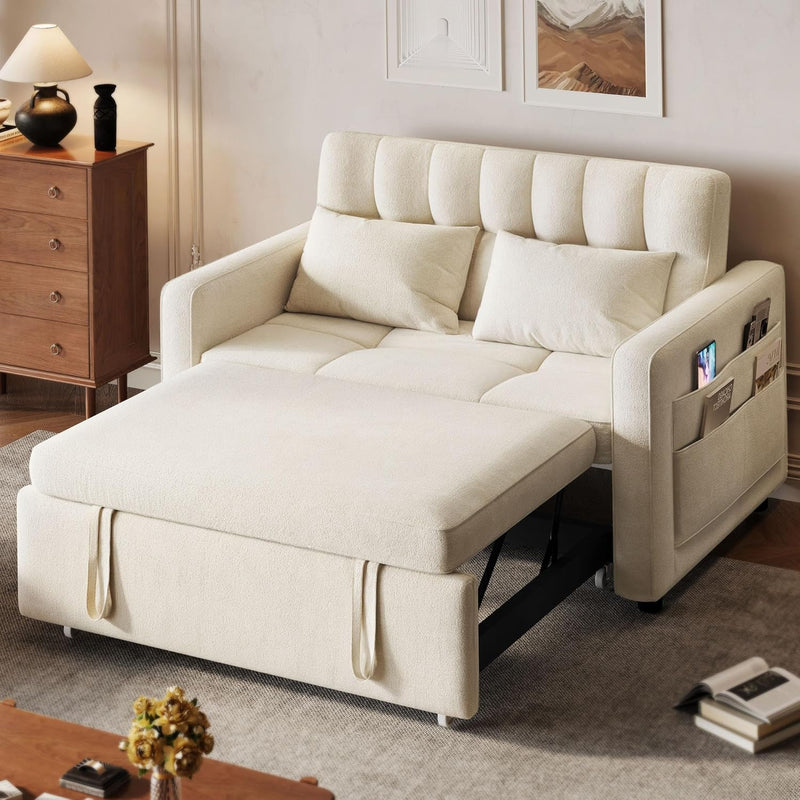 3-in-1 Convertible Sofa Bed, 55" Sleeper Sofa with Pull-Out Bed, Cat-Scratch-Proof Fabric Futon Couch with Adjustable Backrest and Side Pocket, Loveseat for Living Room Apartment, Grey O8