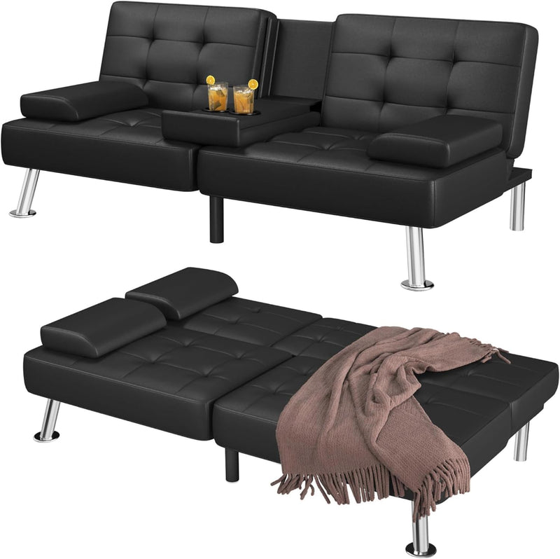 Futon Sofa Bed Convertible Folding Futon Set Modern Recliner Lounge for Small Room & Living Room with 2 Cup Holders, Removable Armrests (Artificial Leather, Black) A4