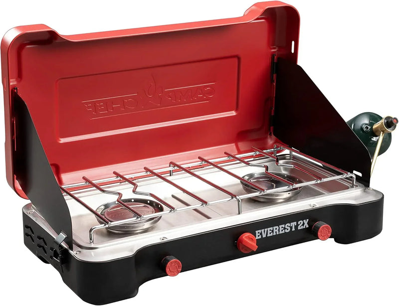 Camp Chef Mountain Series Everest 2X - High Output Two-Burner Camp Stove - Lid Doubles as Windscreen - Portable Cooking Stove - For Outdoor Cooking - 20,000 BTU Burners - 215 Sq In Cooking Area B9