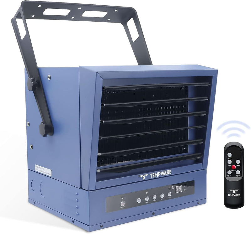 Electric Garage Heater, 7500-Watt Digital Fan-Forced Ceiling Mount Shop Heater with Full-Function Remote, 240-Volt Hardwired 12-Hour Timer, Ideal for Workshop Blue D5