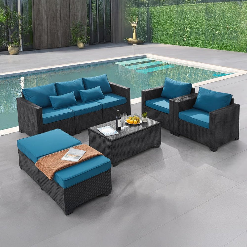 6 Pieces Outdoor Patio Furniture Sets with Furniture Cover, PE Rattan Wicker Patio Conversation Set with Tea Table (Peacock Blue, Rattan Storage Table) Z1