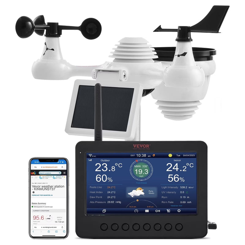 VEVOR 7-in-1 Wireless Weather Station with Wi-Fi,7 in TFT Colorful Display, Solar-Powered Outdoor Sensor, Indoor Outdoor Monitoring, Includes... O9