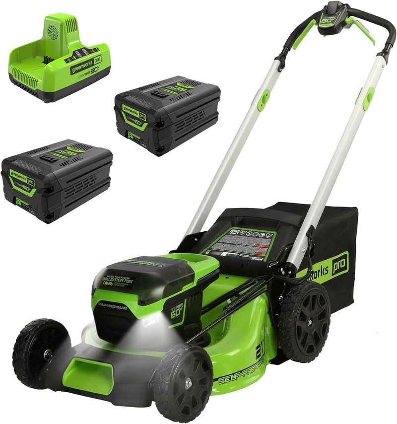 60V 21-inch self-propelled cordless lawn mower, brushless motor, LED lights, including 2 sets of 4.0 Ah batteries and a fast dual-port charger (compatible with 75 tools, running time 45 minutes) H7