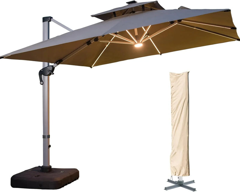 A 10-foot by 10-foot square cantilevered sunshade, equipped with a cross base and canopy, is included - a large heavy-duty outdoor sunshade, 360° rotating offset type, suitable for use in courtyards, backyard of swimming pools, terraces or gardens, i A0