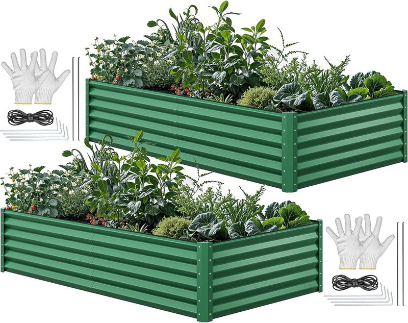 8x4x2ft 2pcs Large Raised Garden Bed Kit, Galvanized Metal Planter Box with Gloves, Ground Nails & Safety Rubber, Outdoor Above Ground Planters for Plants Vegetables Flowers, Green W8