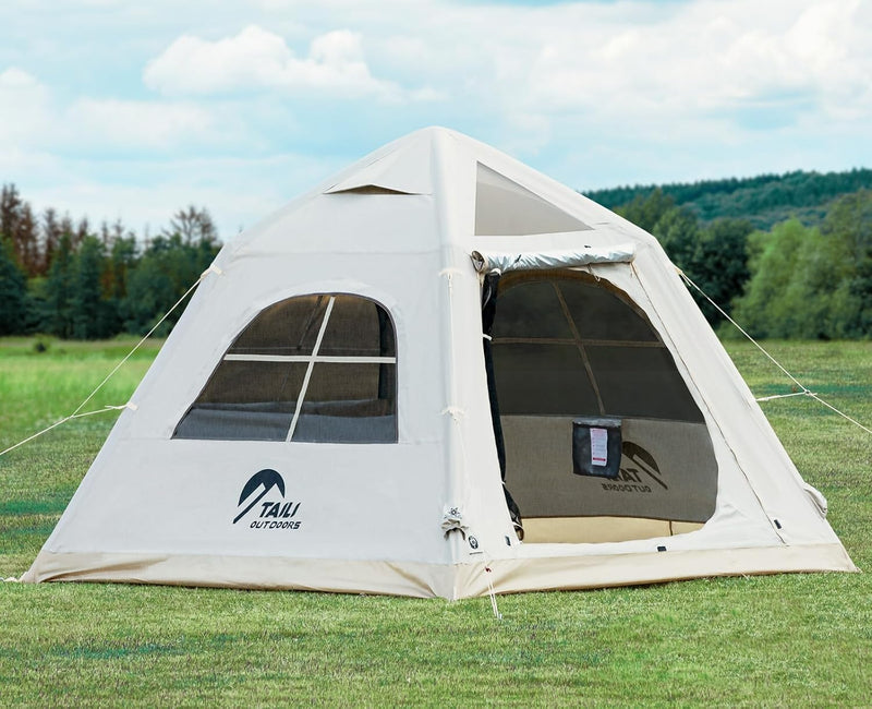 Portable inflatable camping tent, equipped with a manual pump, suitable for 3/4/6 people, easy to set up, suitable for outdoor activities. This inflatable outdoor waterproof Oxford canvas tent is suitable for family camping and is suitable for adults L2