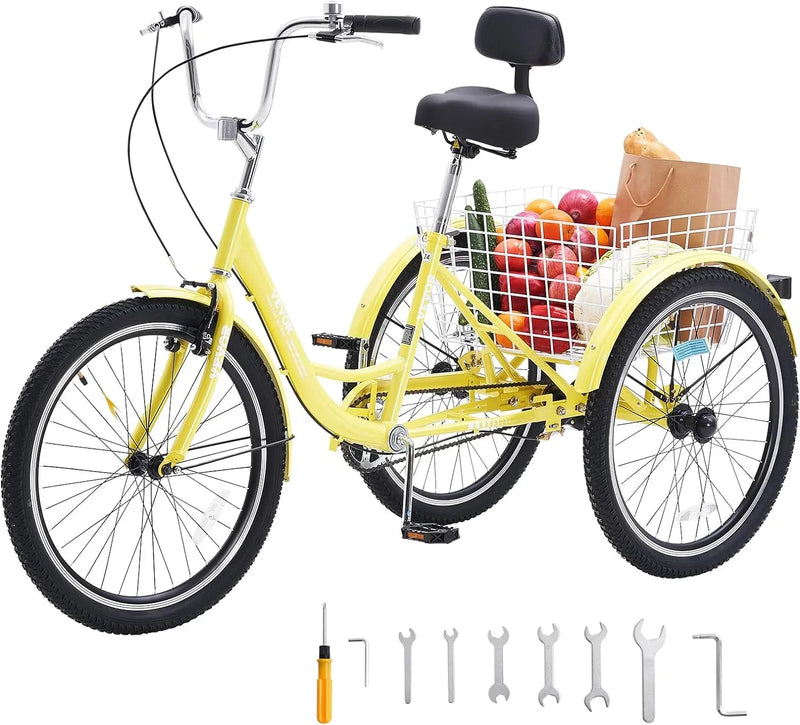 Adult tricycles, 20-inch tricycles, tricycle motorcycles, carbon steel leisure bicycles with baskets and adjustable seats, suitable for elderly, female and male picnic and shopping tricycles (yellow) R9