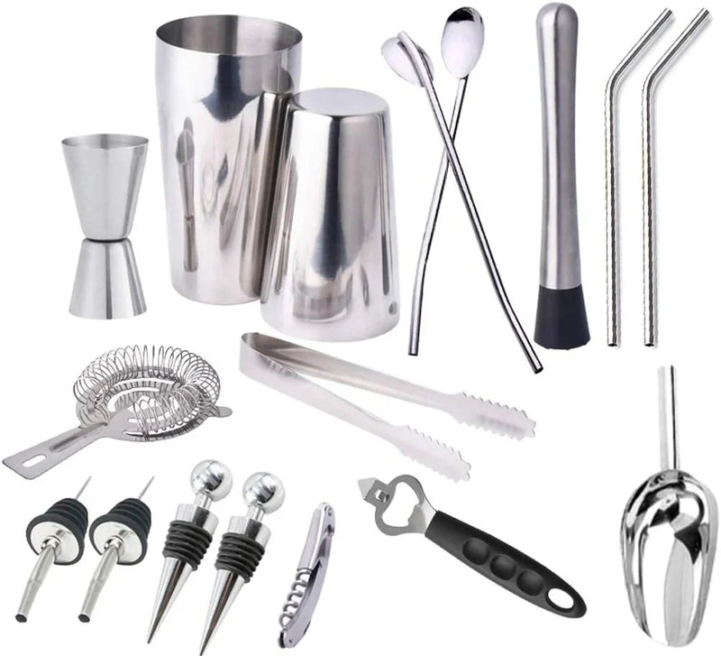 17pc Stainless Steel Cocktail Shaker Set Ice Strainer Clip Mixing Spoon Measure Cup Bar Tools Cocktail Set Can Opener Ice Shovel A8