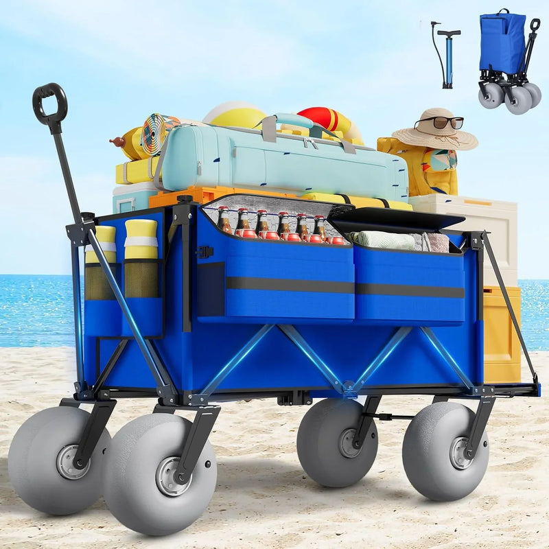 Beach Wagon with Big Wheels for Sand - 450lbs Load Heavy Duty Wagons Carts Foldable with 9" All Terrain Inflatable Tires, Collapsible Beach Cart for Grocery Shopping Garden Sports Camping Outdoor C9