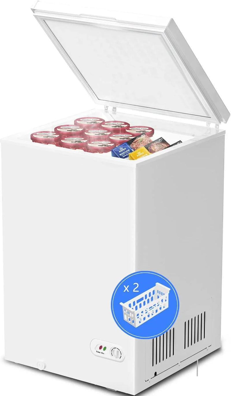 3.5 Cubic Feet Chest Freezer with 2 Removable Baskets Free Standing Top Open Door Compact Freezer with Adjustable Temperature for Home/Kitchen/Office/Bar (3.5 Cubic Feet, White) W1