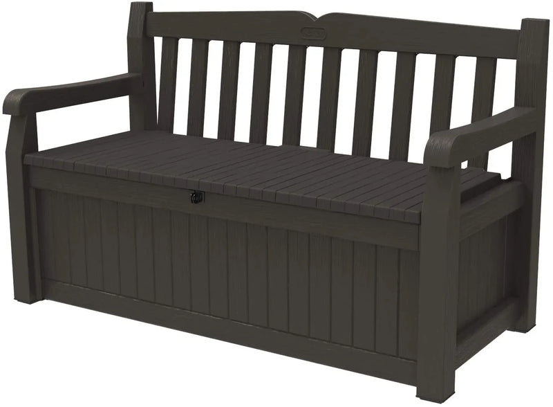 70 Gallon Storage Bench Deck Box for Patio Furniture, Front Porch Decor and Outdoor Seating -- Perfect to Store Garden Tools and Pool Toys, Brown Q2