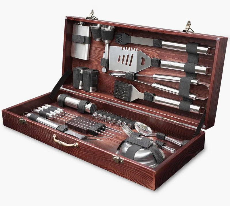 Outdoor Grill Accessories for Barbeque - Outdoor Grill Accessories for Barbeque - Premium Grill Tool Sets - Dark Wood Case Grilling Set - Griddle Accessories Kit - BBQ Gear R9