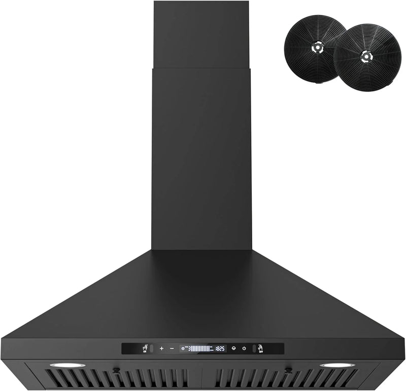 Wall-mounted black kitchen exhaust hood, 30 inches, 900 cubic feet per minute, built-in exhaust duct, three-speed exhaust fan, gesture/touch control, timer function, two baffles filters, stainless steel stove exhaust hood B6