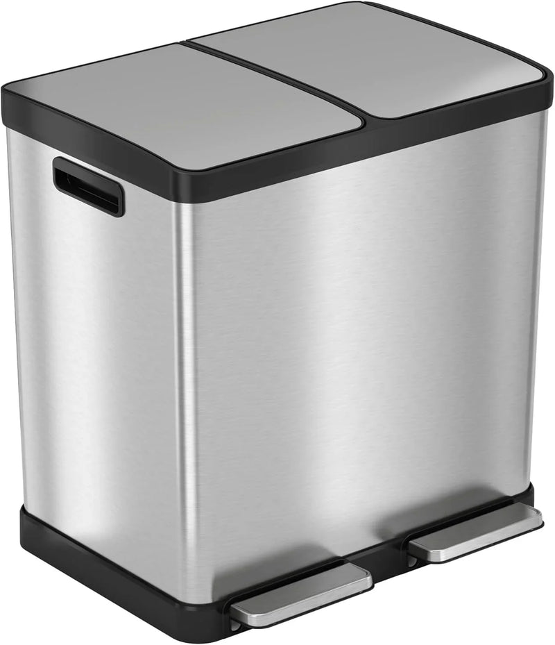 16-gallon contact-free trash and recycling bins, made of stainless steel, with a double compartment design (each compartment holds 8 gallons), suitable for recycling and waste disposal in the kitchen. W6