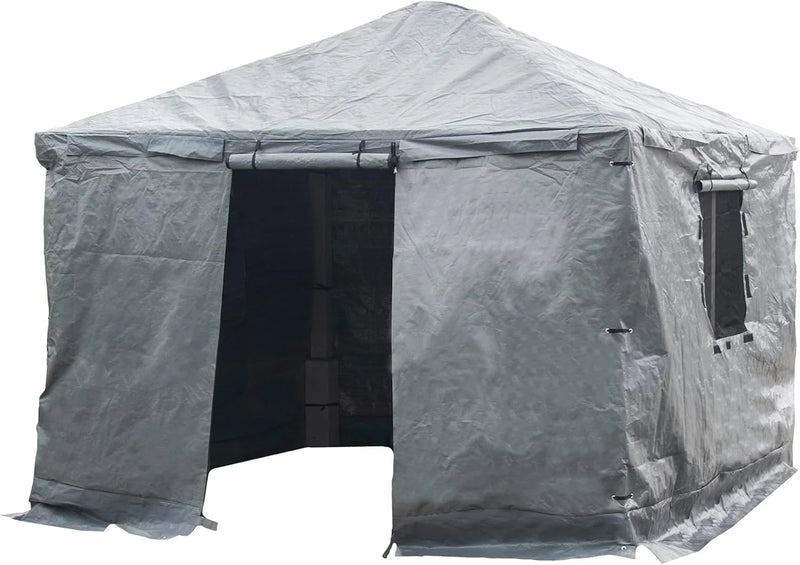 Universal winter tarpaulin, suitable for tall sunshades, used for storing barbecue grills and outdoor furniture, with fireproof and weather-resistant properties, measuring 10 feet by 12 feet, and in gray color. G5