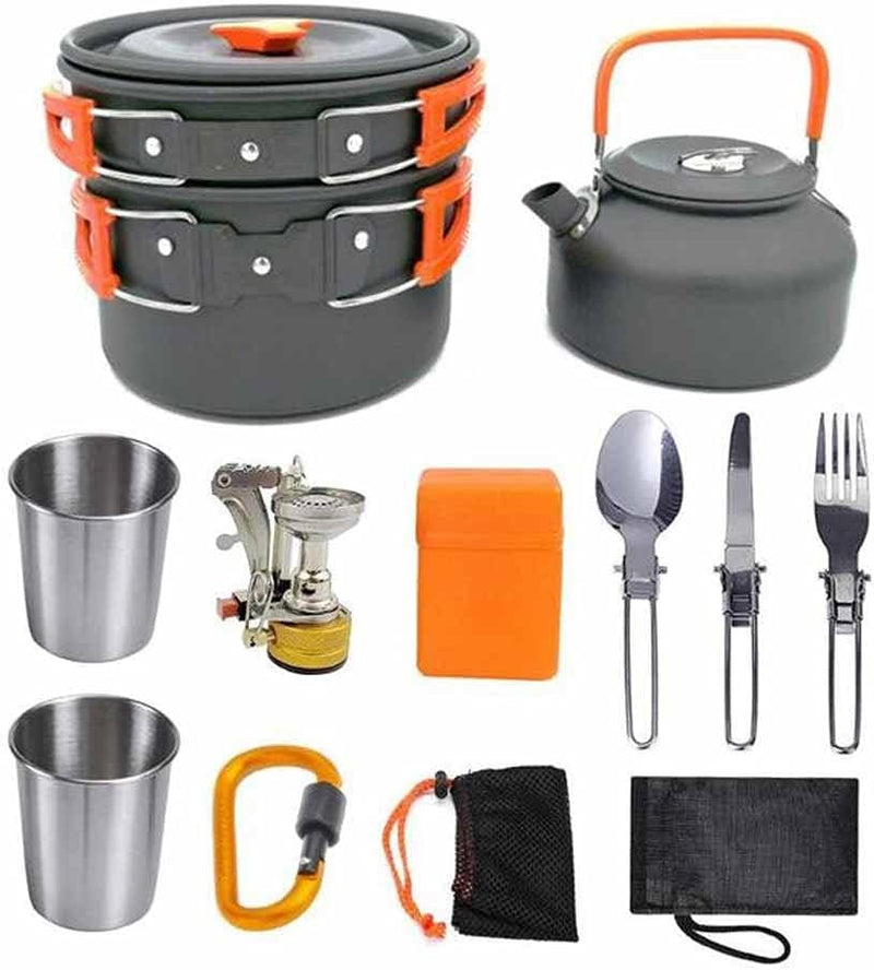 Camping cooking set - picnic cooking pot set - outdoor hiking and barbecue tableware set - camping travel supplies set including frying pan, water jug and stove C4