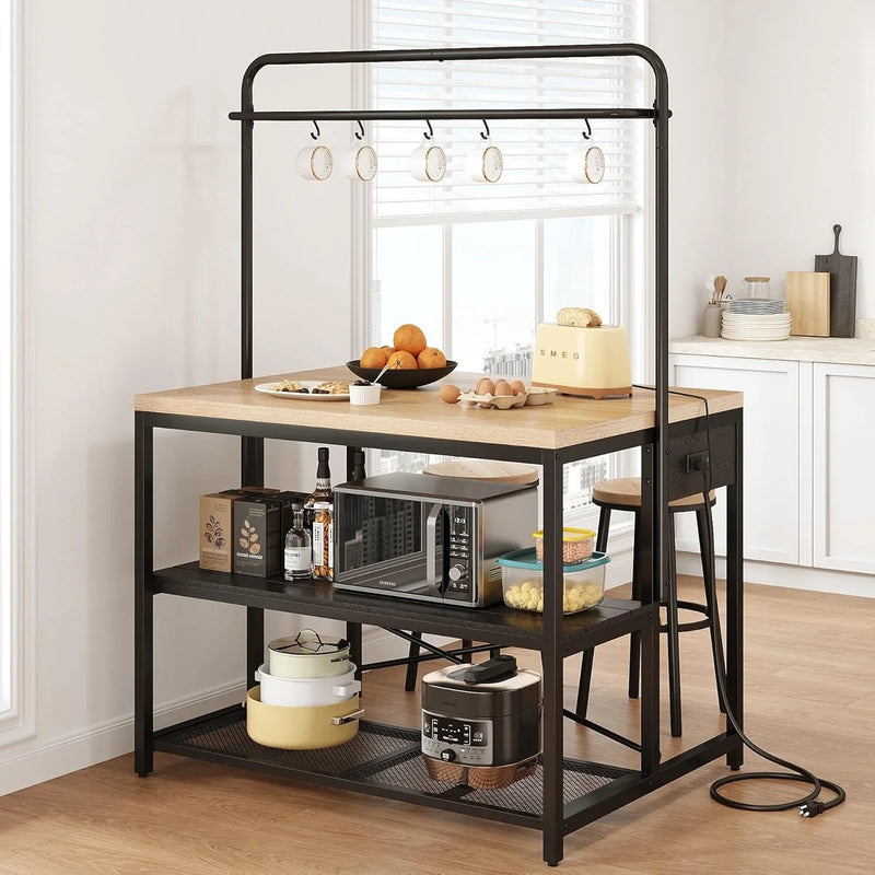 Kitchen Island, Kitchen Island with Storage, Bakers Rack, Island Table for Kitchen, Bakers Rack with Storage, Large Kitchen Island Table, Coffee Bar Table with Shelf,5 Racks,Pear Wood White D8
