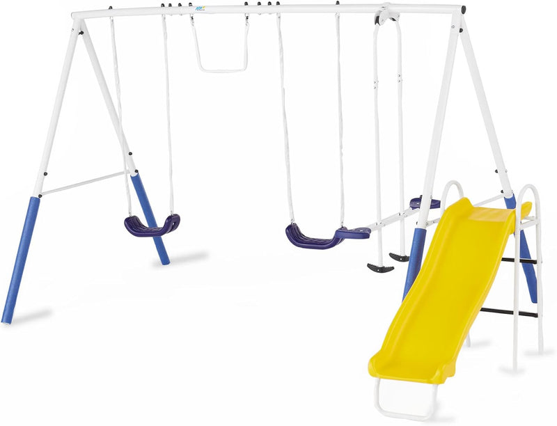 Recreation Blue Ridge Backyard Playground Set Sturdy Metal A Frame Swing with Chain Covers, Glider, Trapeze, 2 Swings, and Slide, Multicolor M9