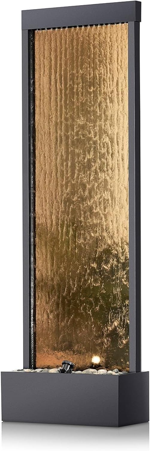 A mirror-floored waterfall fountain with stones and lights - suitable for offices, living rooms, terraces, entrances as a serene indoor/outdoor decoration - 48 inches (bronze color) J1