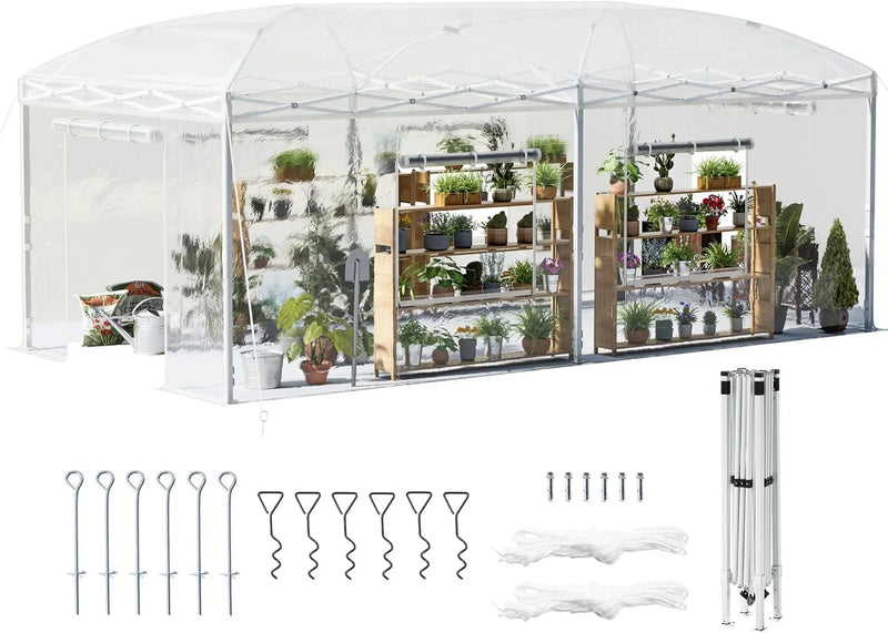 19.2×9.7×8.5 feet Outdoor upgraded retractable greenhouse with adjustable reinforced frame, portable walk-through greenhouse, equipped with 2 rollable zipped doors and mesh windows, PE shell, white Y1