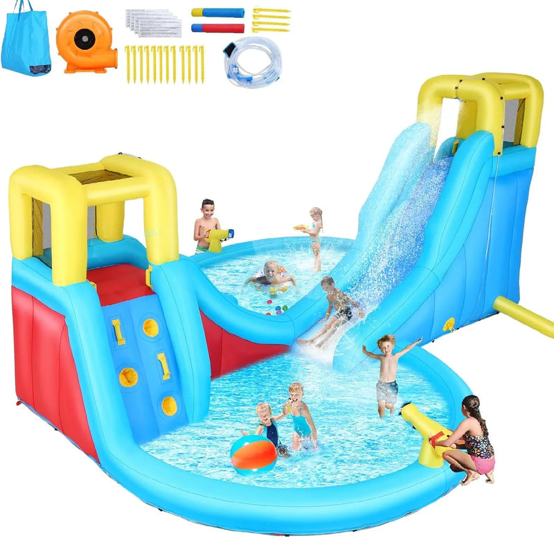 Inflatable Water Slide, 6 in 1 Outdoor Inflatable Water Park with Climbing, Basketball Rim, Splash Pool, Water Cannon, Blow up Water Slides for Kids Backyard D5