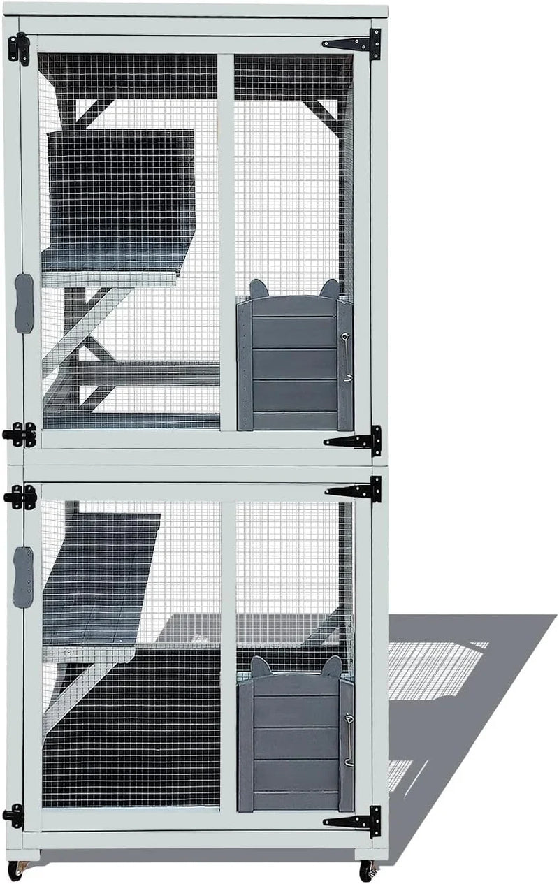 62.6-inch wooden outdoor cat house, large cat cage room, equipped with 7 platforms, 2 rest boxes and a rainproof roof, suitable for multiple pets to use. Step-in cat apartment shelter, white model R7