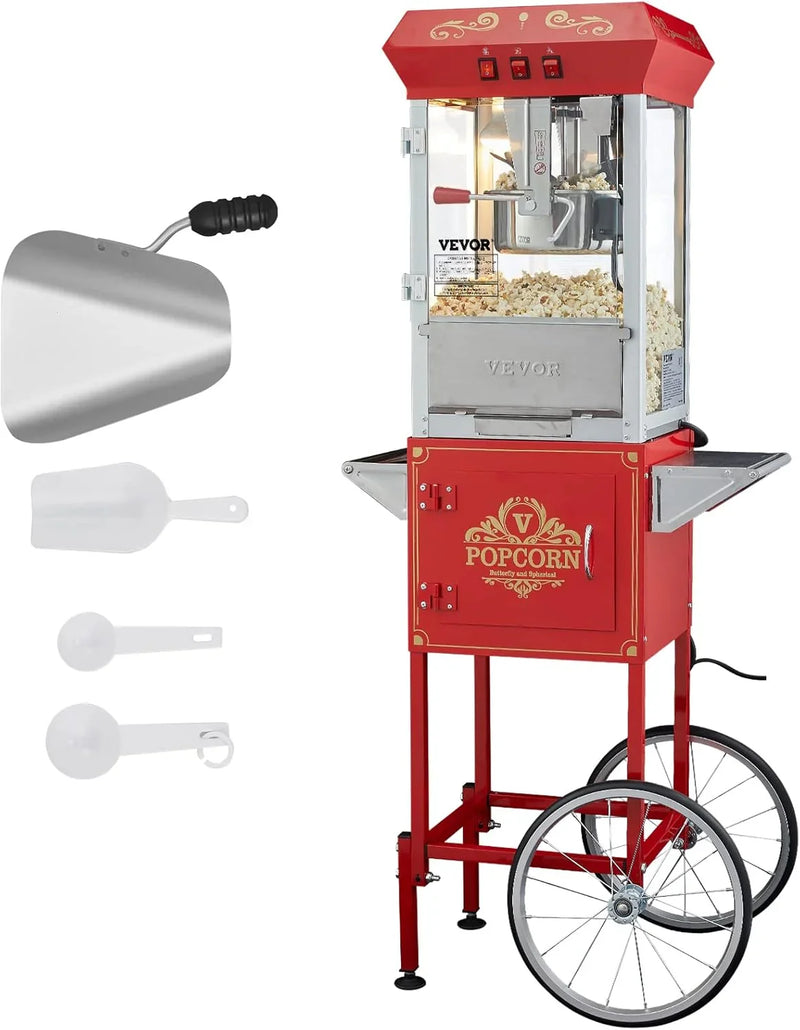 Popcorn machine, 12-ounce pot capacity, 1440-watt countertop popcorn machine, can produce 80 cups per batch, cinema-style popcorn machine, equipped with 3 switches for control, steel frame, tempered glass door, 1 pot, 2 spoons, red version X9