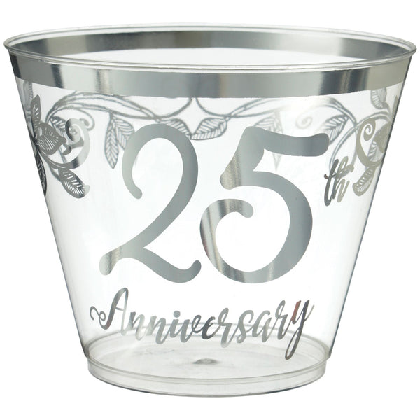 "25th Anniversary" Bordered Trimmed Plastic Reusable Tumbler Cups, Clear/Silver, 9-oz, 30-pk, for Anniversary Party A5